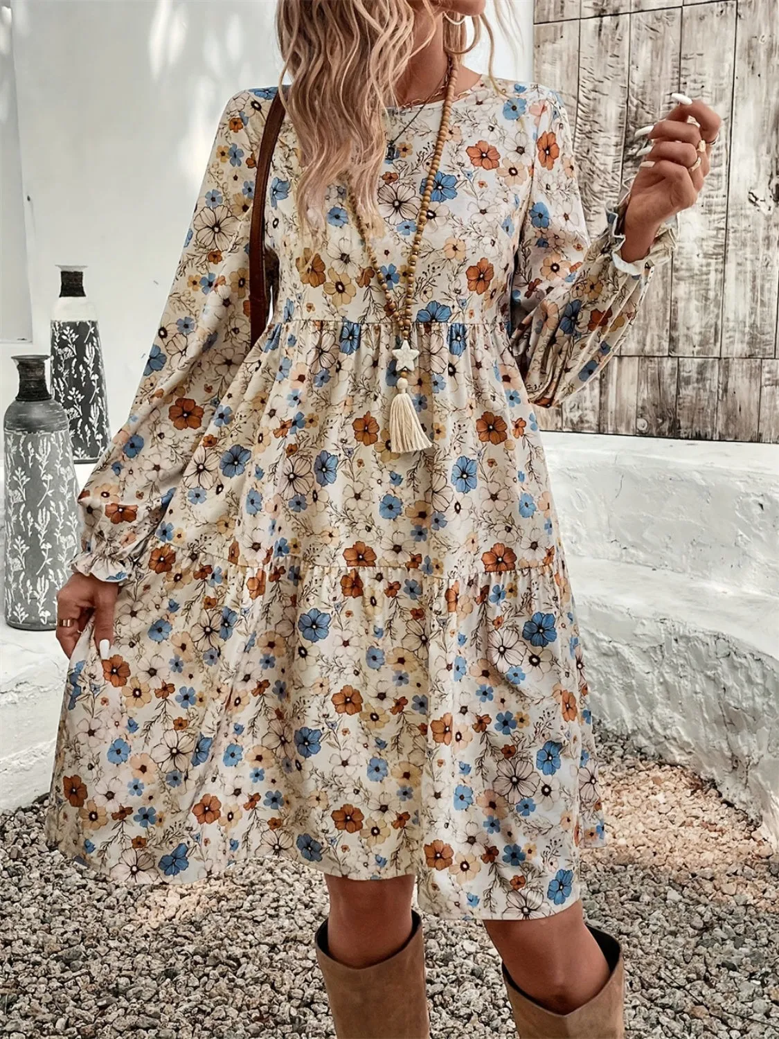 🌸 Ruffled Printed Round Neck Long Sleeve Dress 🌸