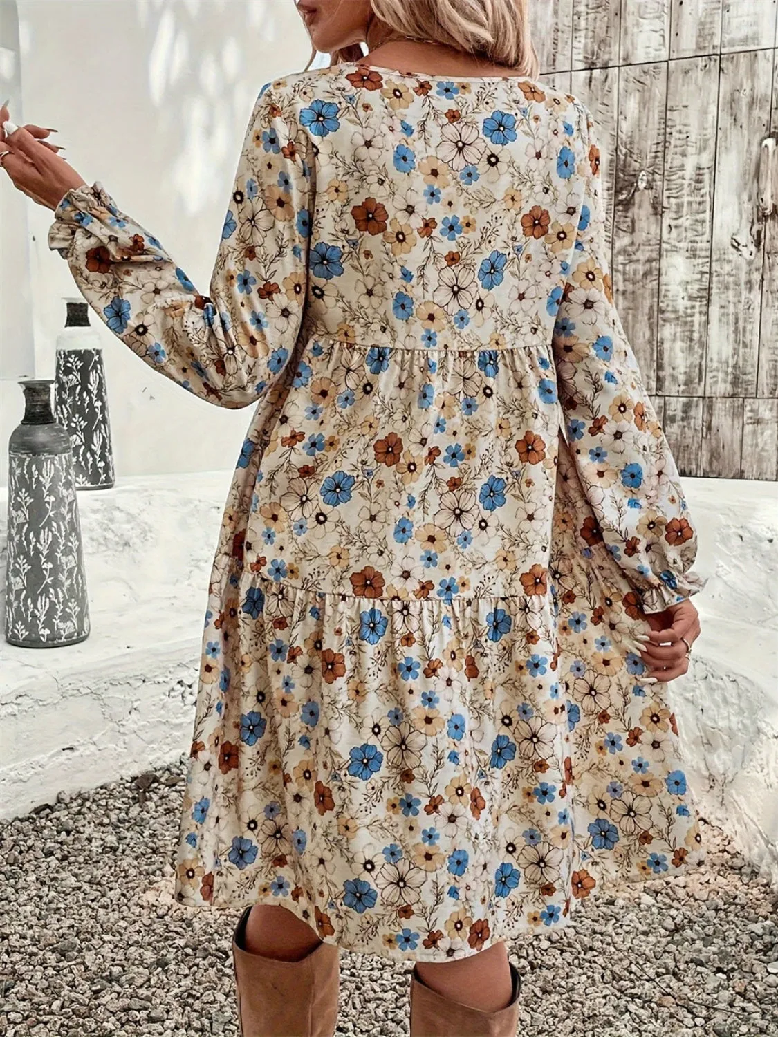 🌸 Ruffled Printed Round Neck Long Sleeve Dress 🌸