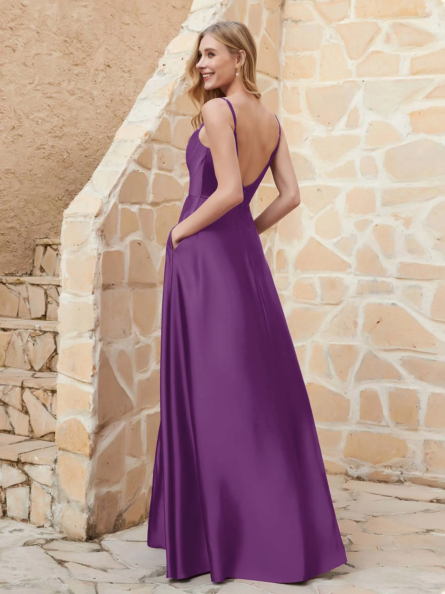 A Line Cowl Neck Satin Dress With Slit Grape Plus Size