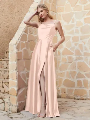 A Line Cowl Neck Satin Dress With Slit Pearl Pink Plus Size