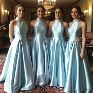 A Line Hot Halter Blue Satin Bridesmaid Dresses Sleeveless Wedding Party Dresses