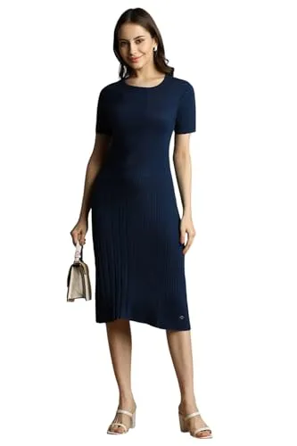 Allen Solly Women's Viscose Modern Knee-Length Dress (AHFDCRGFJ67569_Navy