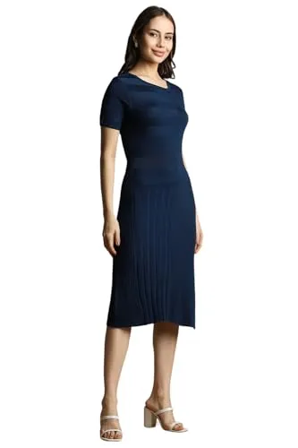 Allen Solly Women's Viscose Modern Knee-Length Dress (AHFDCRGFJ67569_Navy