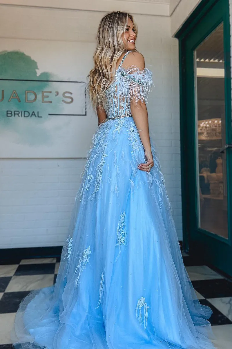 Amalia |A line V Neck Lace Tulle Prom Dress with Beading and Feather