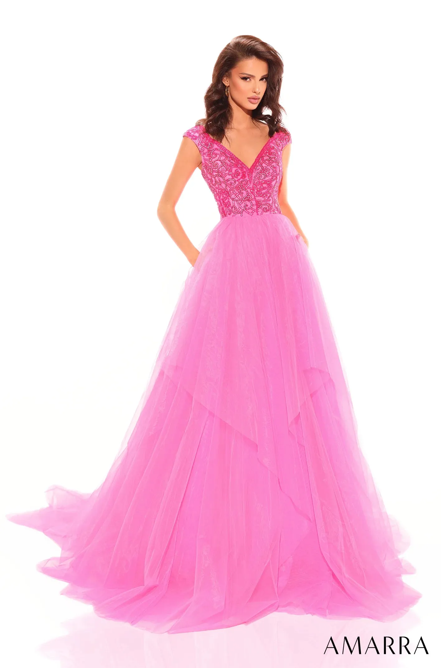 Amarra 94038 Long Prom Dress A-Line Strapless Tulle Skirt Beaded Rhinestone Crystals Formal Pageant Gown