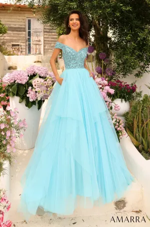 Amarra 94038 Long Prom Dress A-Line Strapless Tulle Skirt Beaded Rhinestone Crystals Formal Pageant Gown