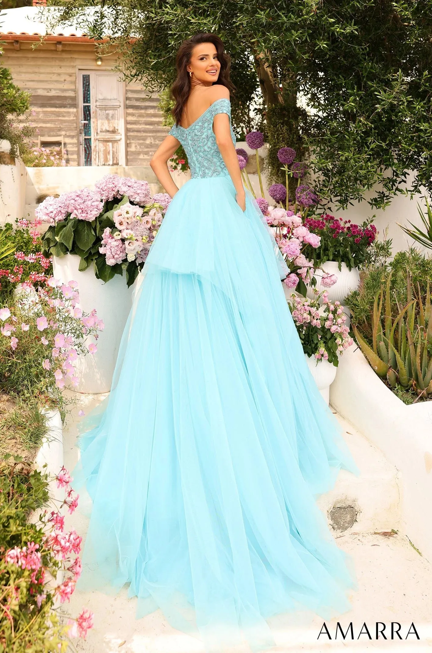 Amarra 94038 Long Prom Dress A-Line Strapless Tulle Skirt Beaded Rhinestone Crystals Formal Pageant Gown