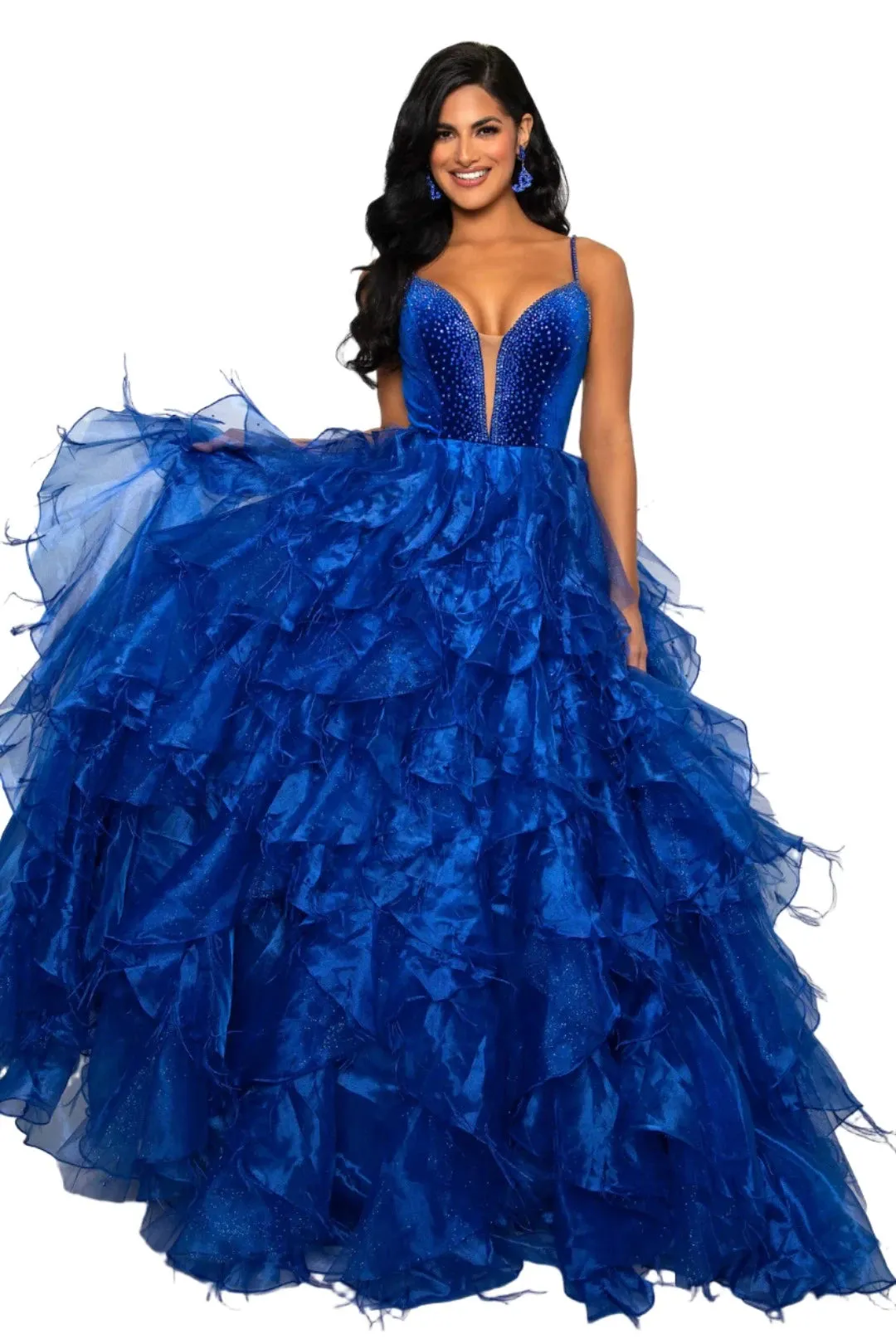 Ava Presley 39554 Feather Velvet Dress A Line Ruffle Ballgown V Neck Formal Pageant Prom