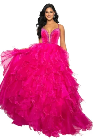 Ava Presley 39554 Feather Velvet Dress A Line Ruffle Ballgown V Neck Formal Pageant Prom