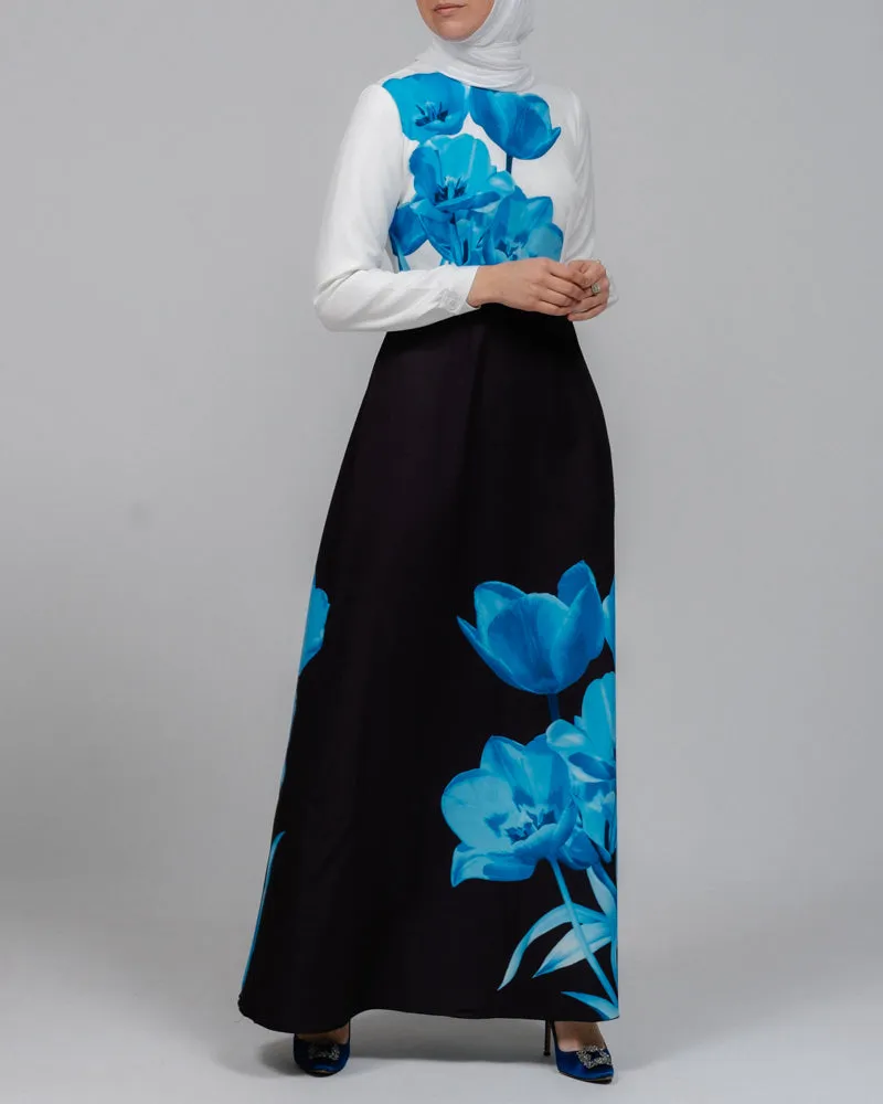 Aya maxi contrast 3D Floral print modest dress with long sleeve contrast white top