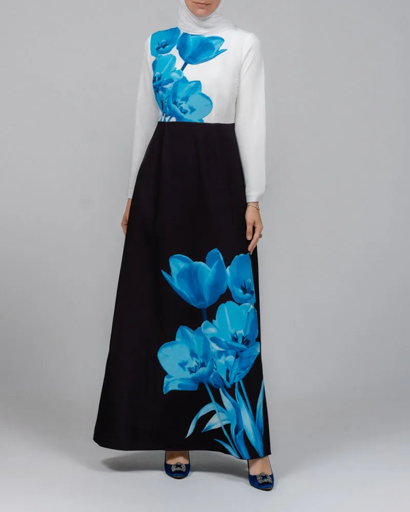 Aya maxi contrast 3D Floral print modest dress with long sleeve contrast white top