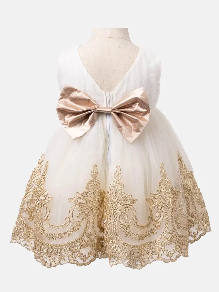 Baby Girl Dress with Gold Embroidery and Bow - Ivory