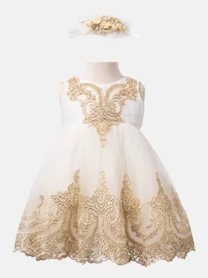 Baby Girl Dress with Gold Embroidery and Bow - Ivory