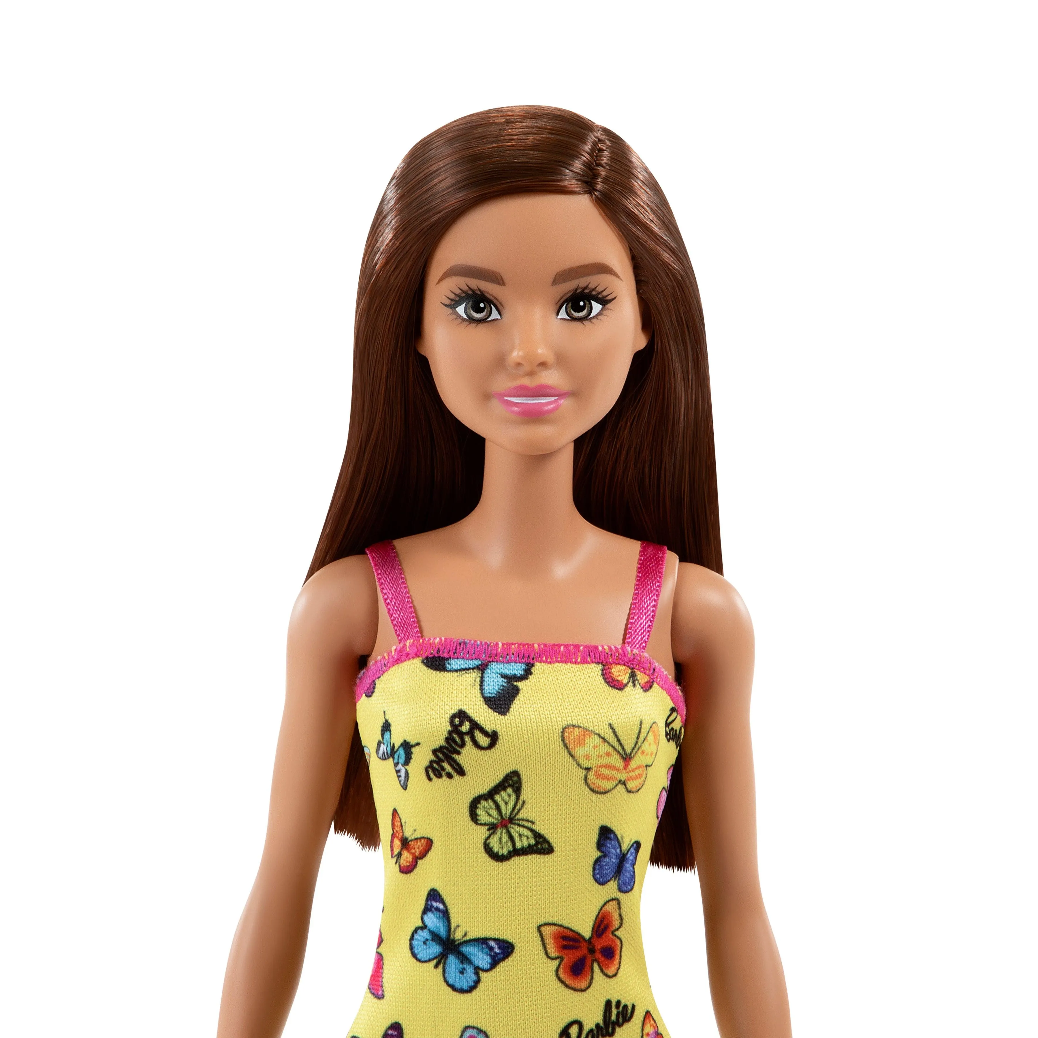 Barbie With Colorful Butterfly And Barbie Logo Print Dress & Strappy Heels - Yellow