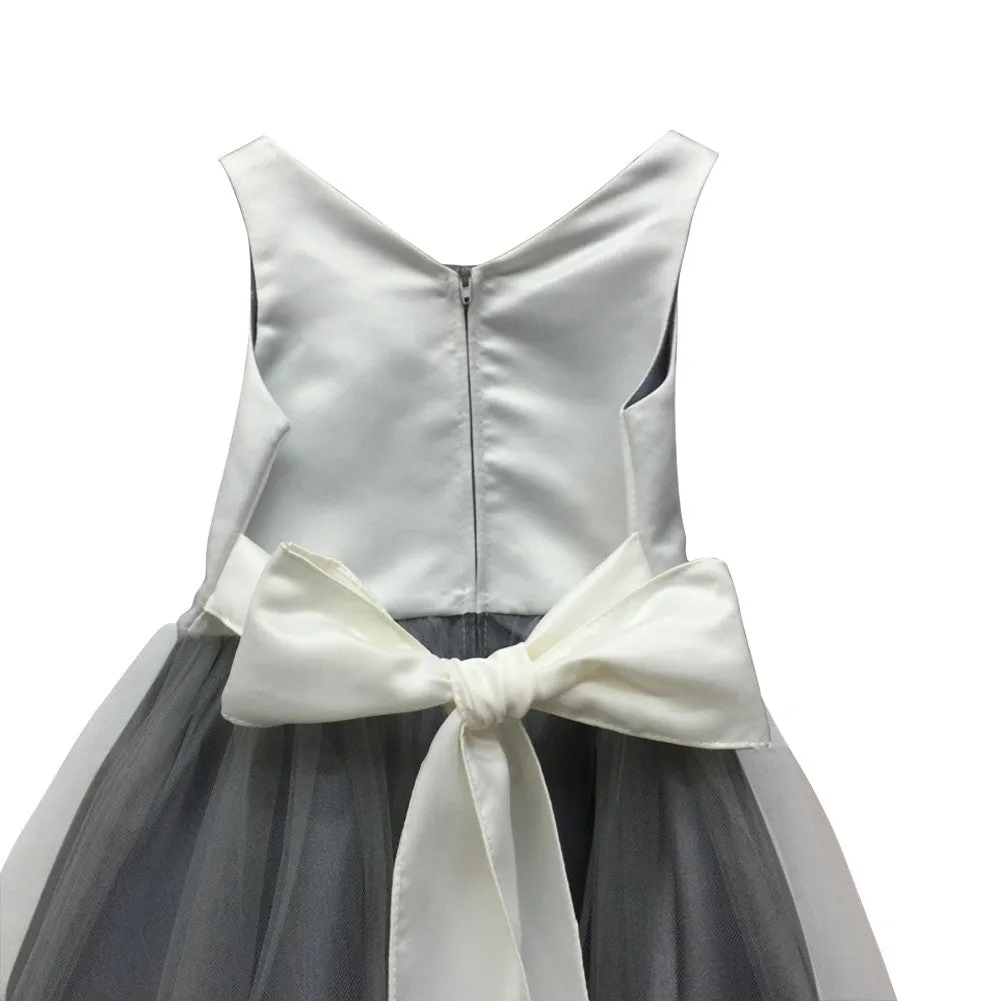 Big Girls Ivory Grey Satin Rhinestone Tulle Occasion Dress 8-12