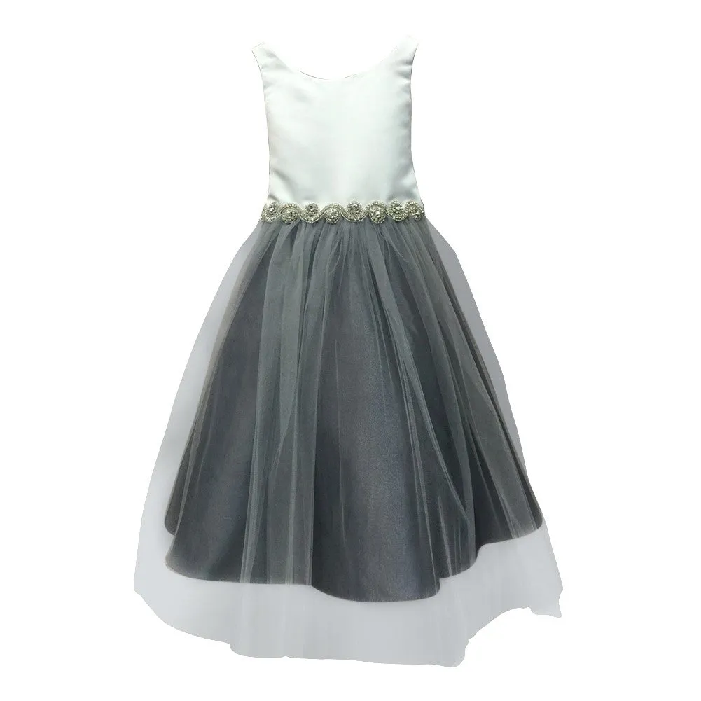 Big Girls Ivory Grey Satin Rhinestone Tulle Occasion Dress 8-12