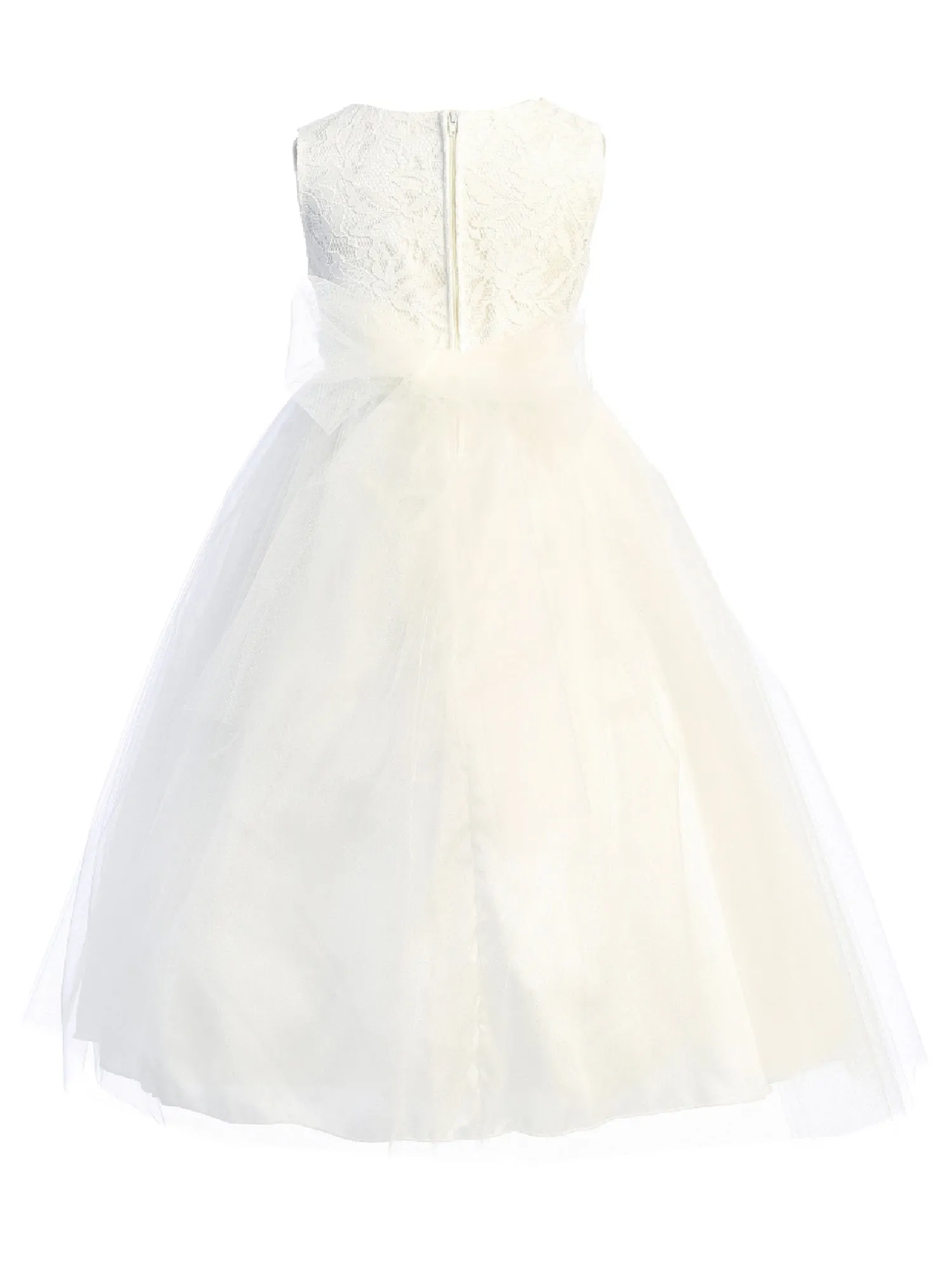 Big Girls Ivory Lace Wide Rhinestone Trim Tea Length Junior Bridesmaid Dress 8-14