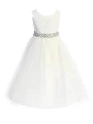 Big Girls Ivory Lace Wide Rhinestone Trim Tea Length Junior Bridesmaid Dress 8-14