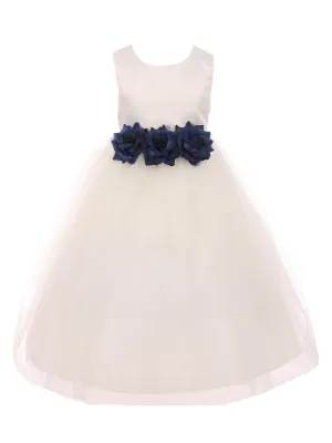 Big Girls Ivory Navy Floral Satin Junior Bridesmaid Dress 8-14