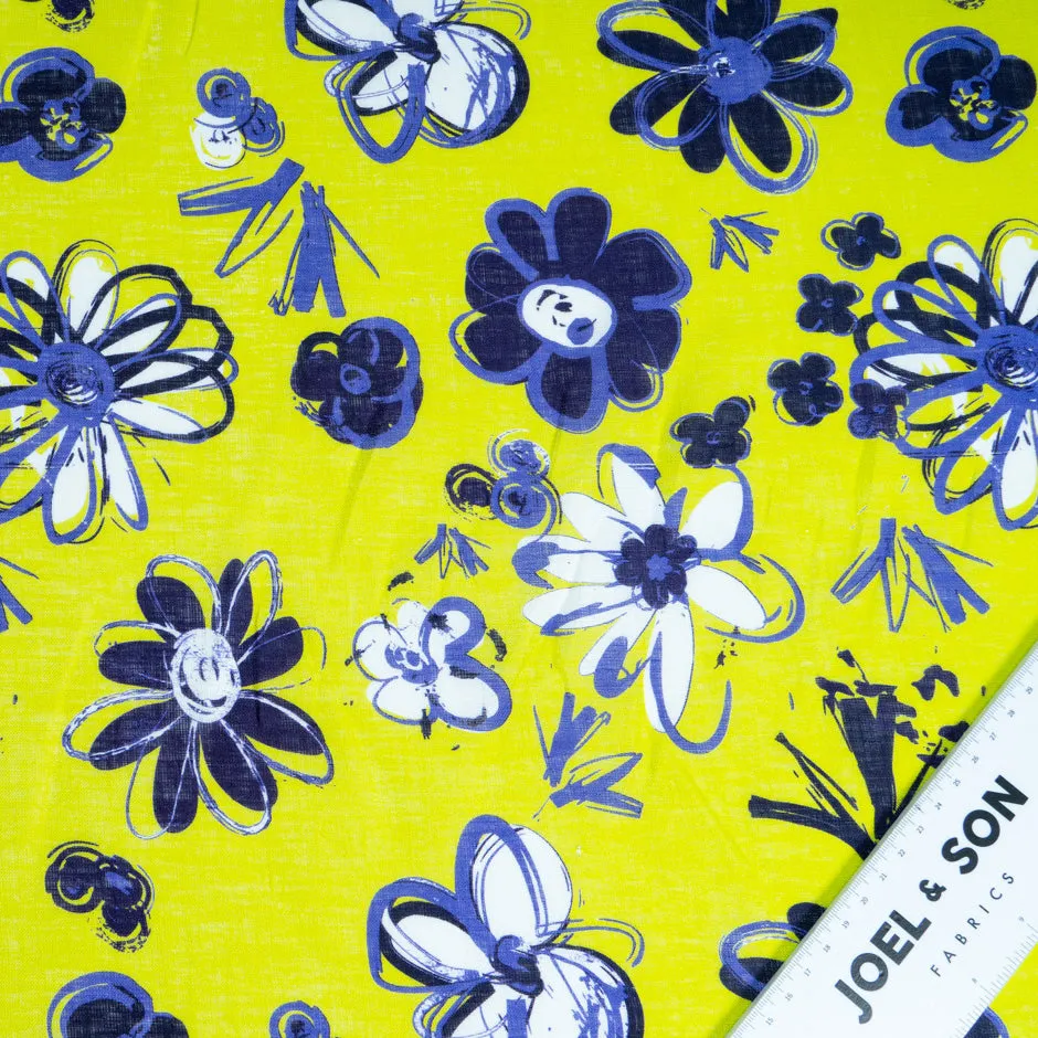 Blue Floral Printed Lime Green Handkerchief Linen