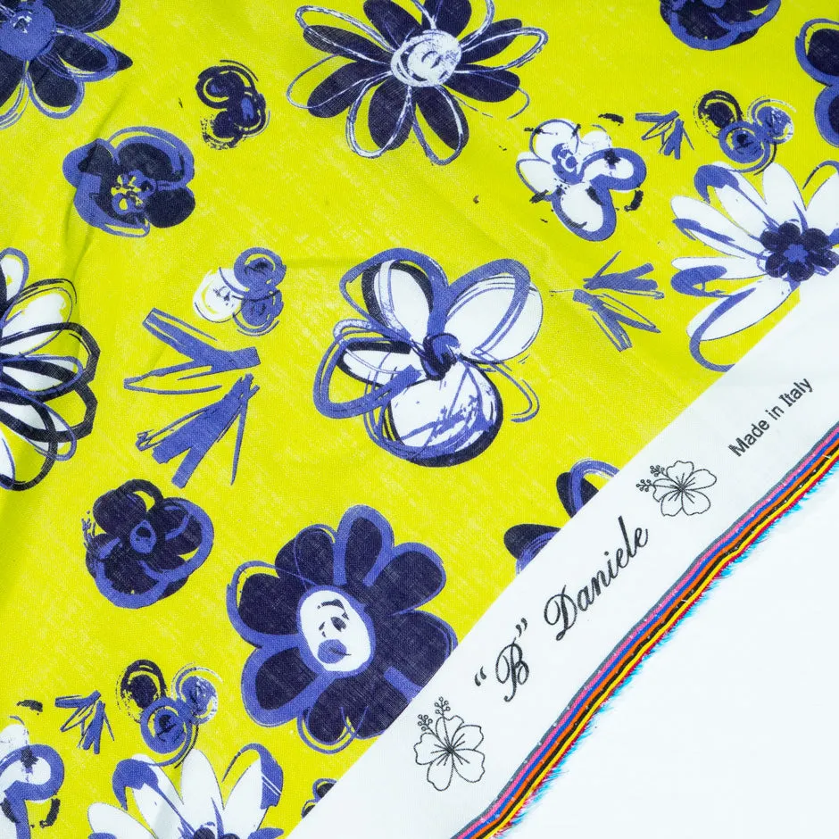 Blue Floral Printed Lime Green Handkerchief Linen