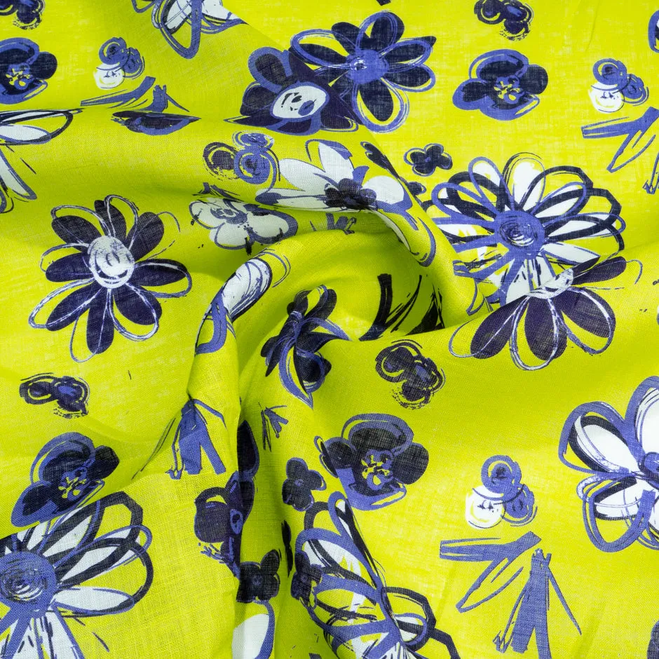 Blue Floral Printed Lime Green Handkerchief Linen