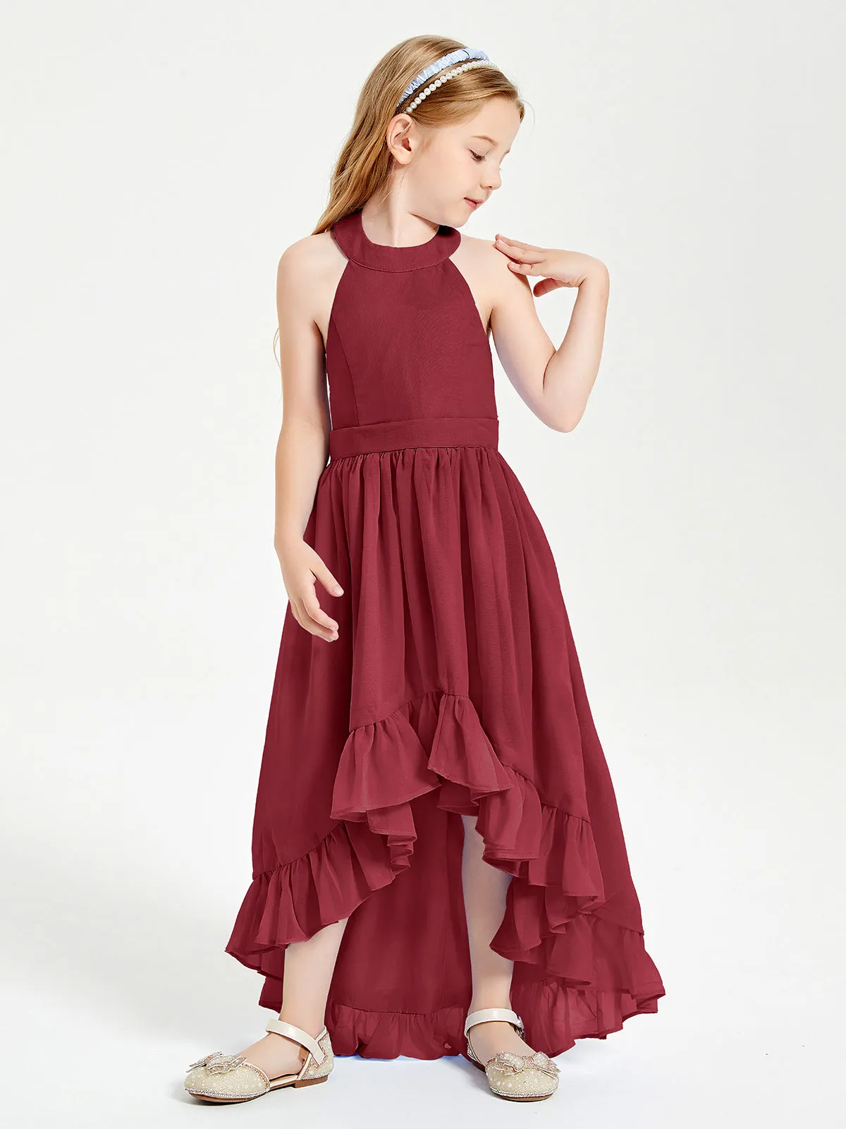 Boho Junior Bridesmaid Dresses Asymmetrical Cascading Skirt Burgundy