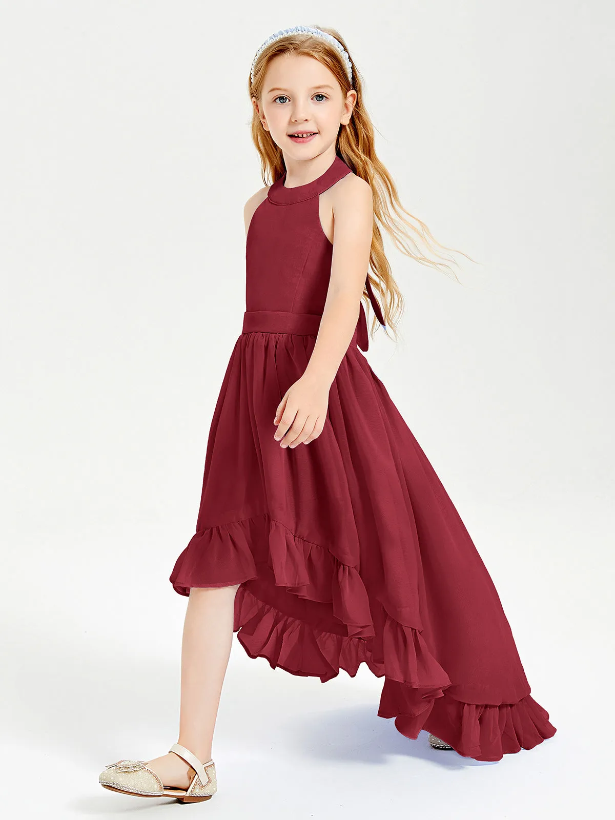 Boho Junior Bridesmaid Dresses Asymmetrical Cascading Skirt Burgundy