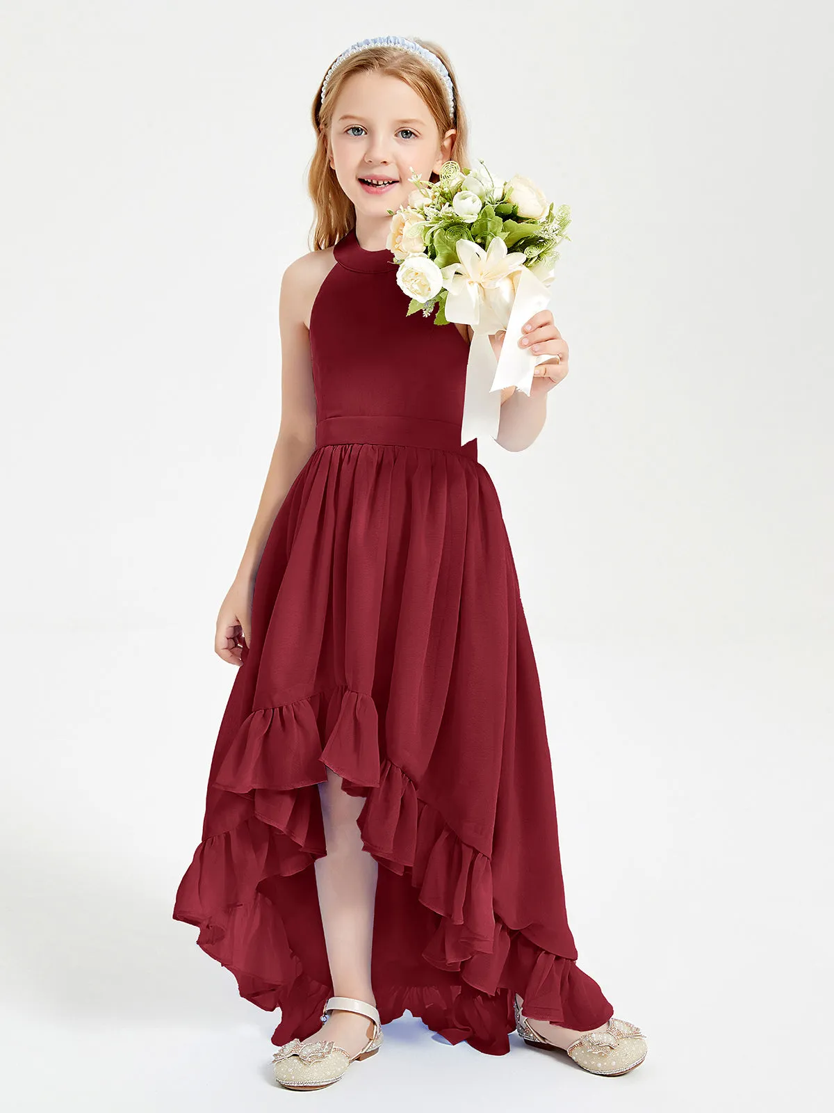 Boho Junior Bridesmaid Dresses Asymmetrical Cascading Skirt Burgundy