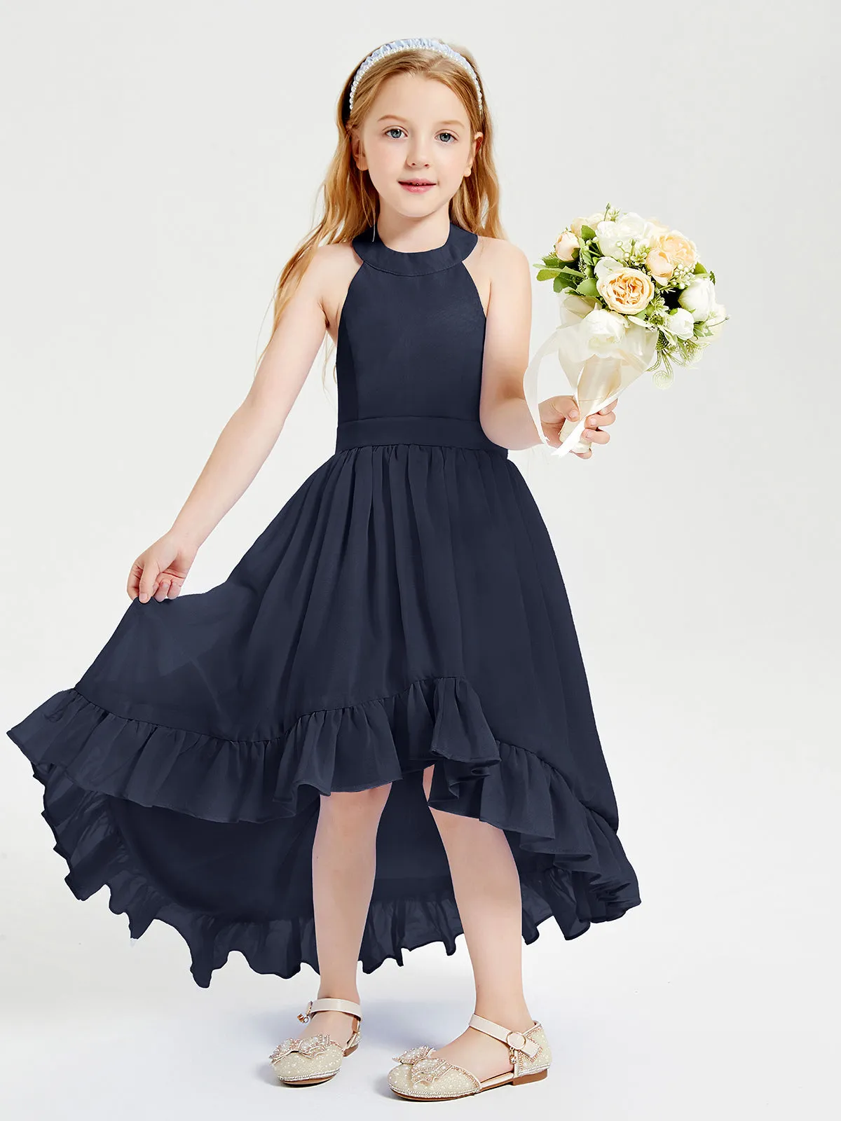 Boho Junior Bridesmaid Dresses Asymmetrical Cascading Skirt Dark Navy