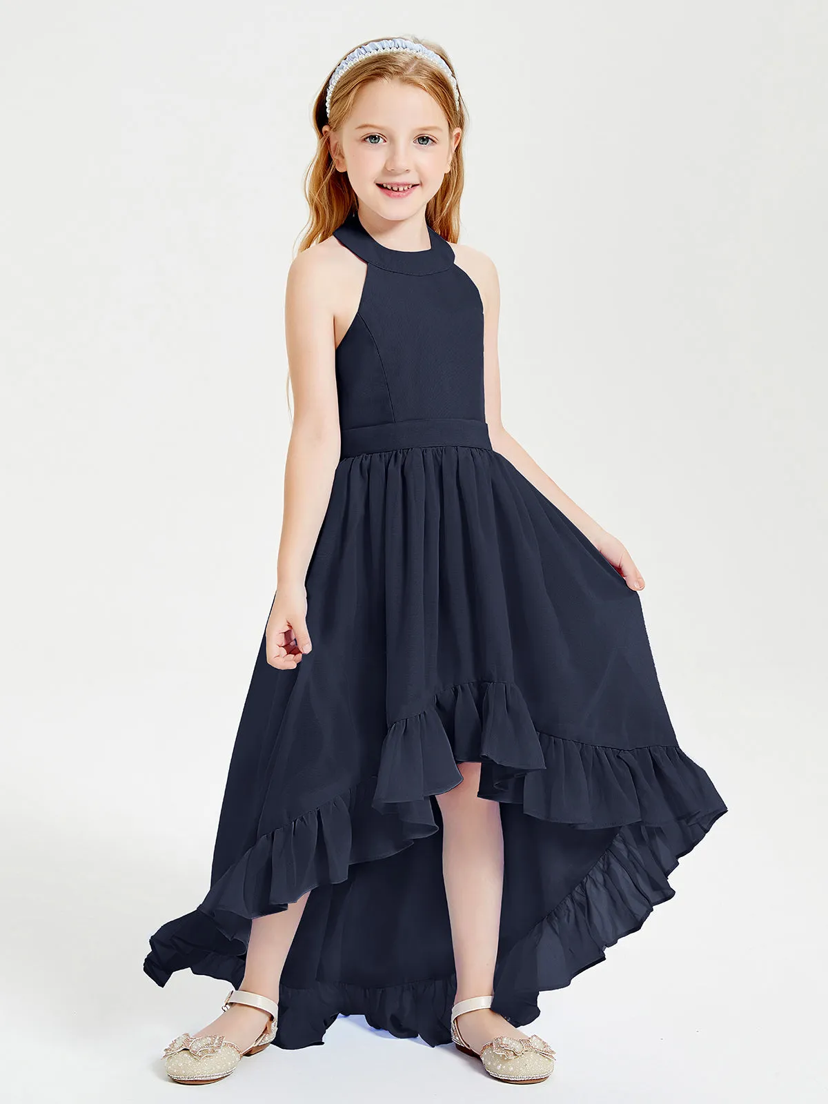 Boho Junior Bridesmaid Dresses Asymmetrical Cascading Skirt Dark Navy