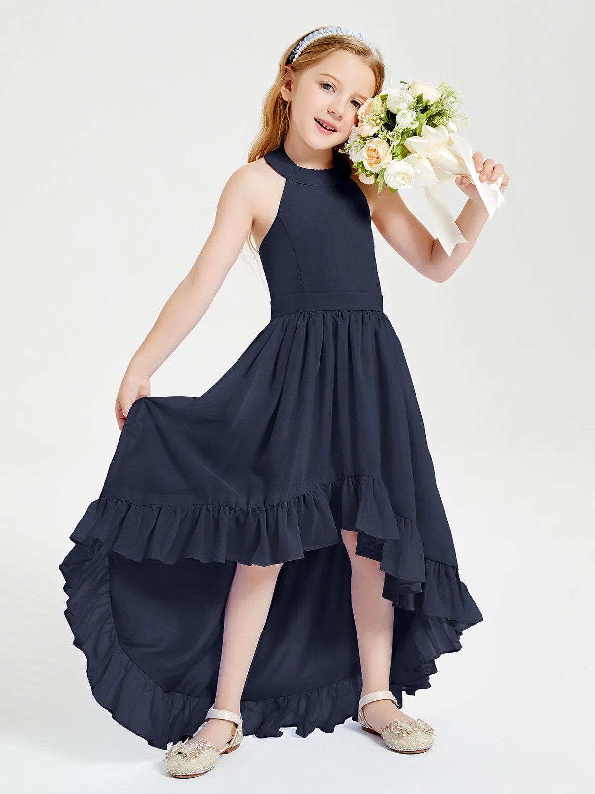 Boho Junior Bridesmaid Dresses Asymmetrical Cascading Skirt Dark Navy