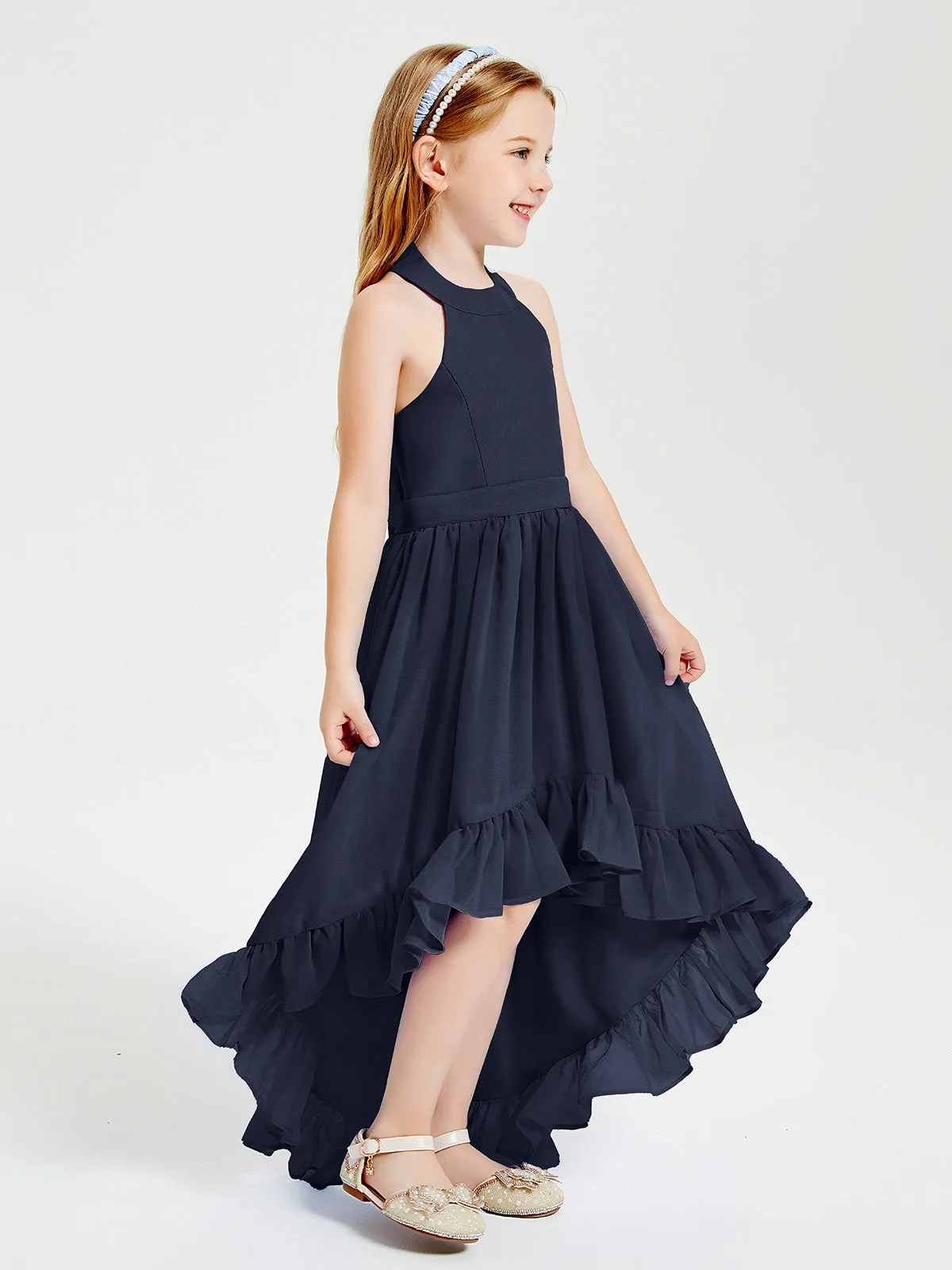 Boho Junior Bridesmaid Dresses Asymmetrical Cascading Skirt Dark Navy