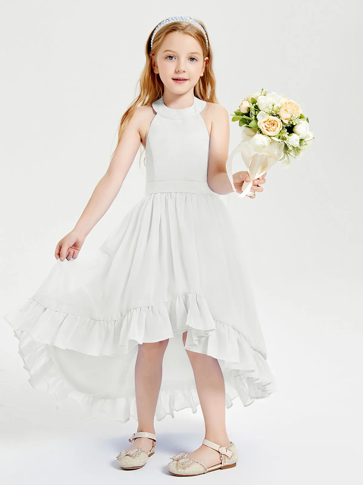 Boho Junior Bridesmaid Dresses Asymmetrical Cascading Skirt Ivory