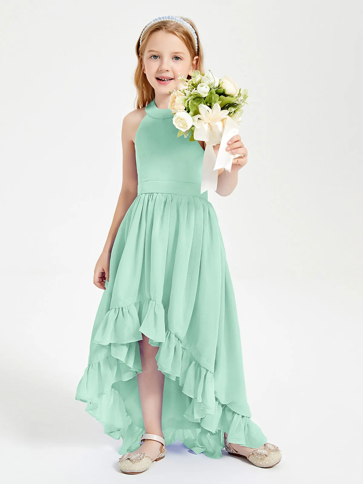 Boho Junior Bridesmaid Dresses Asymmetrical Cascading Skirt Mint Green