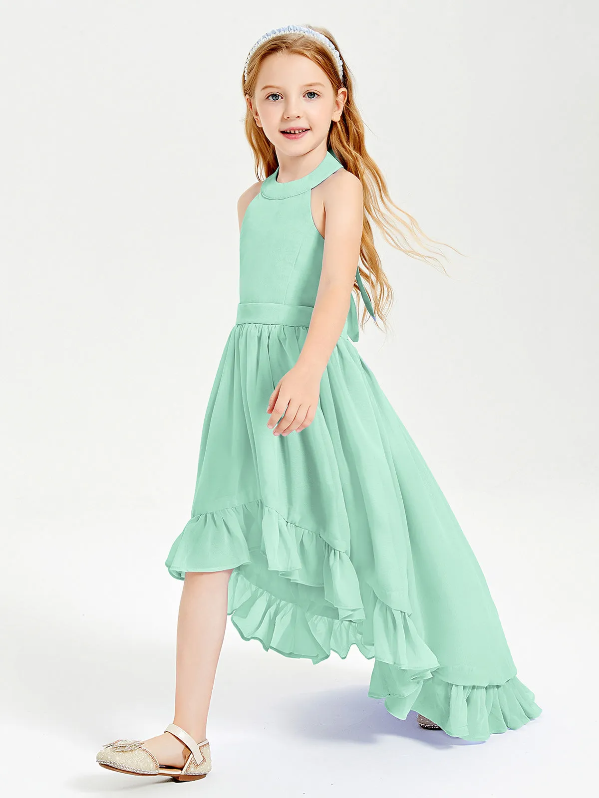 Boho Junior Bridesmaid Dresses Asymmetrical Cascading Skirt Mint Green