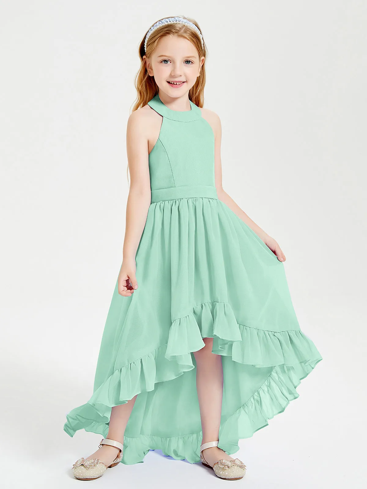 Boho Junior Bridesmaid Dresses Asymmetrical Cascading Skirt Mint Green