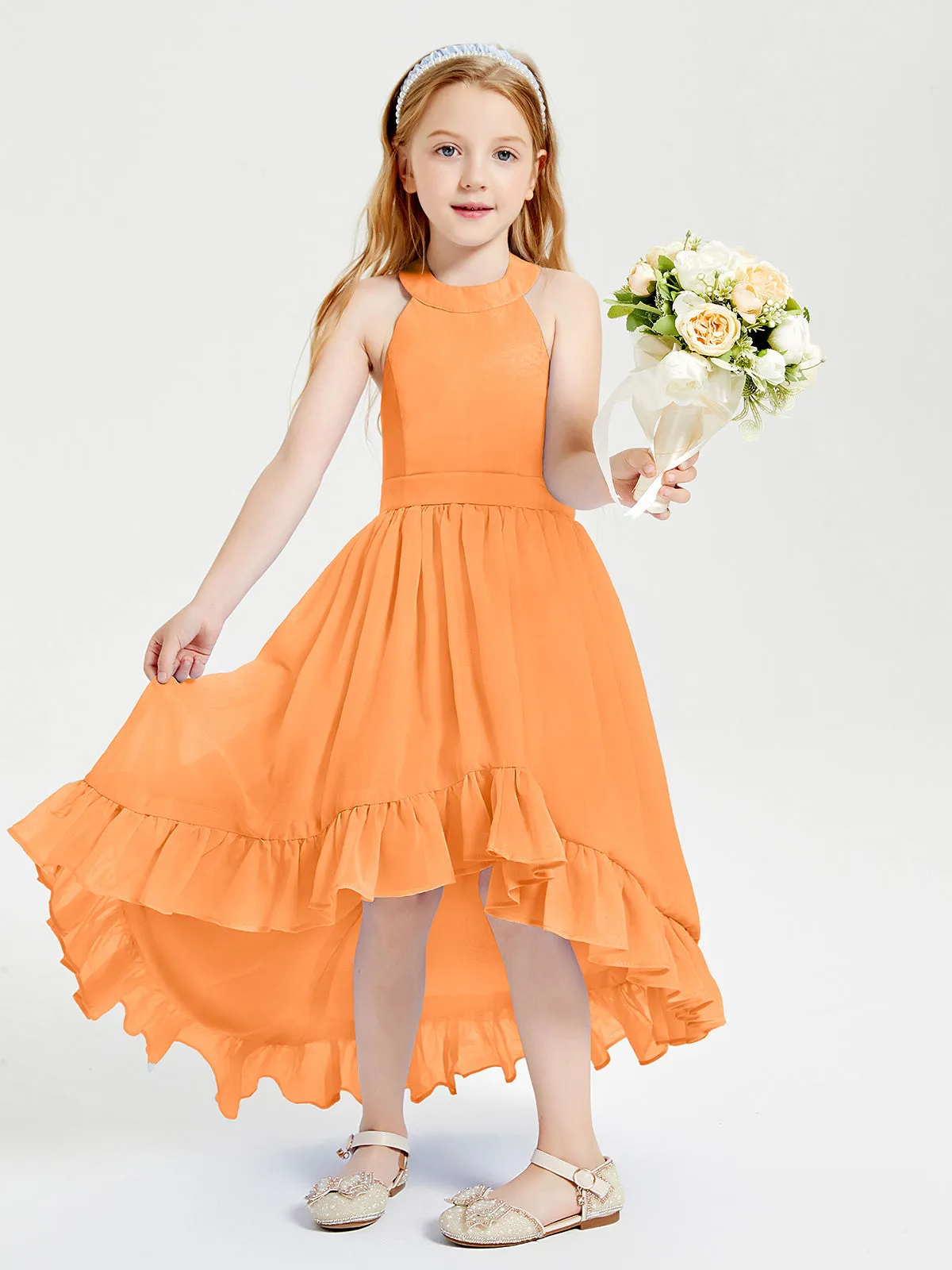 Boho Junior Bridesmaid Dresses Asymmetrical Cascading Skirt Orange