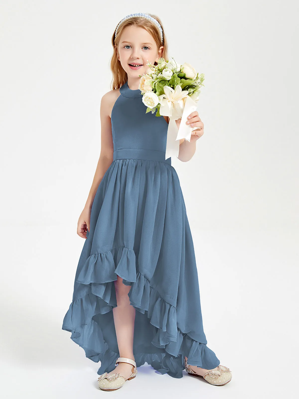 Boho Junior Bridesmaid Dresses Asymmetrical Cascading Skirt Slate Blue