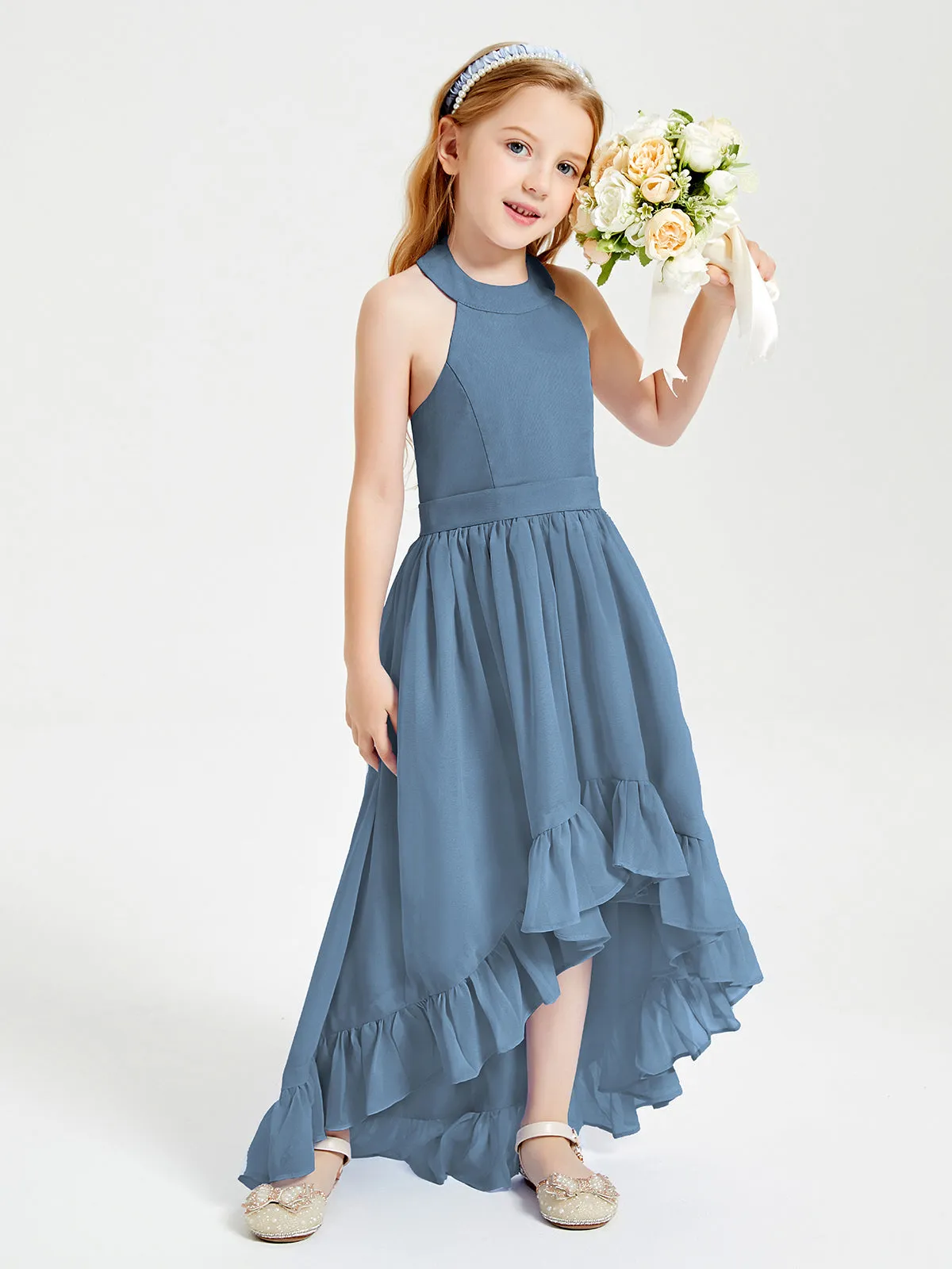 Boho Junior Bridesmaid Dresses Asymmetrical Cascading Skirt Slate Blue