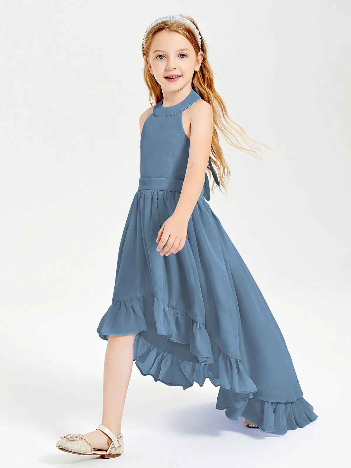 Boho Junior Bridesmaid Dresses Asymmetrical Cascading Skirt Slate Blue