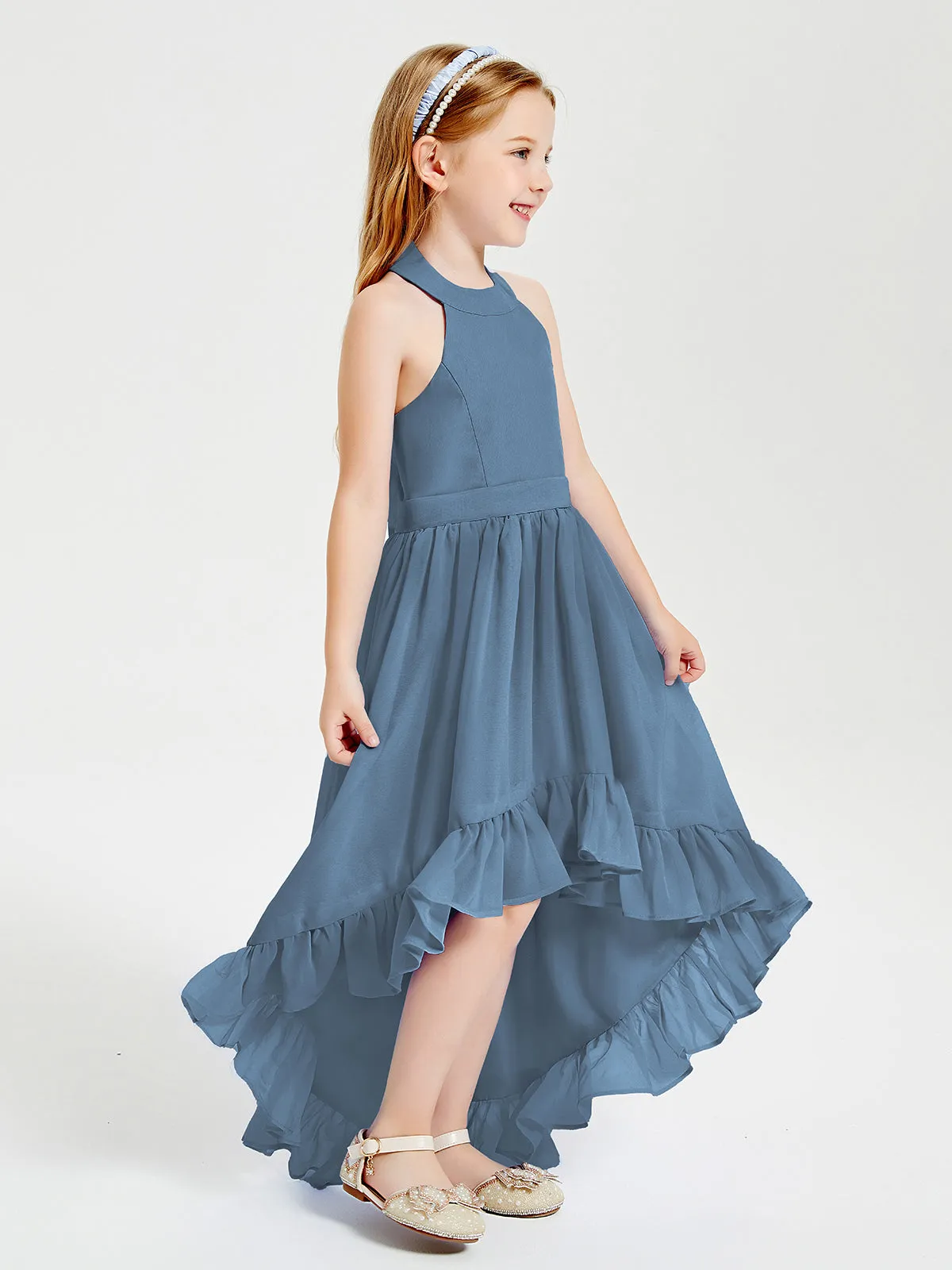 Boho Junior Bridesmaid Dresses Asymmetrical Cascading Skirt Slate Blue