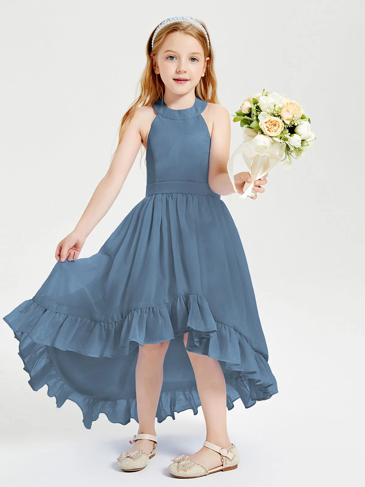 Boho Junior Bridesmaid Dresses Asymmetrical Cascading Skirt Slate Blue