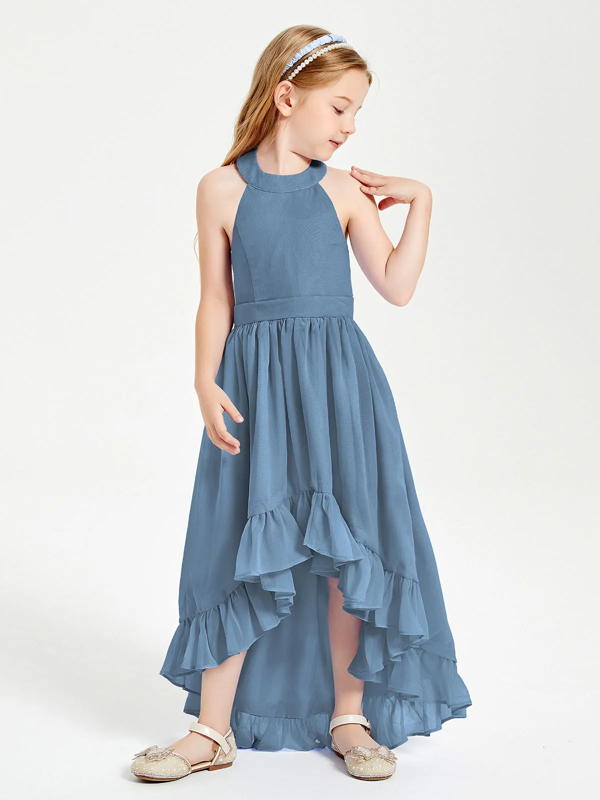 Boho Junior Bridesmaid Dresses Asymmetrical Cascading Skirt Slate Blue