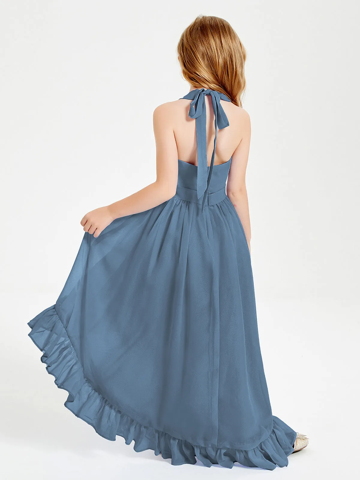 Boho Junior Bridesmaid Dresses Asymmetrical Cascading Skirt Slate Blue