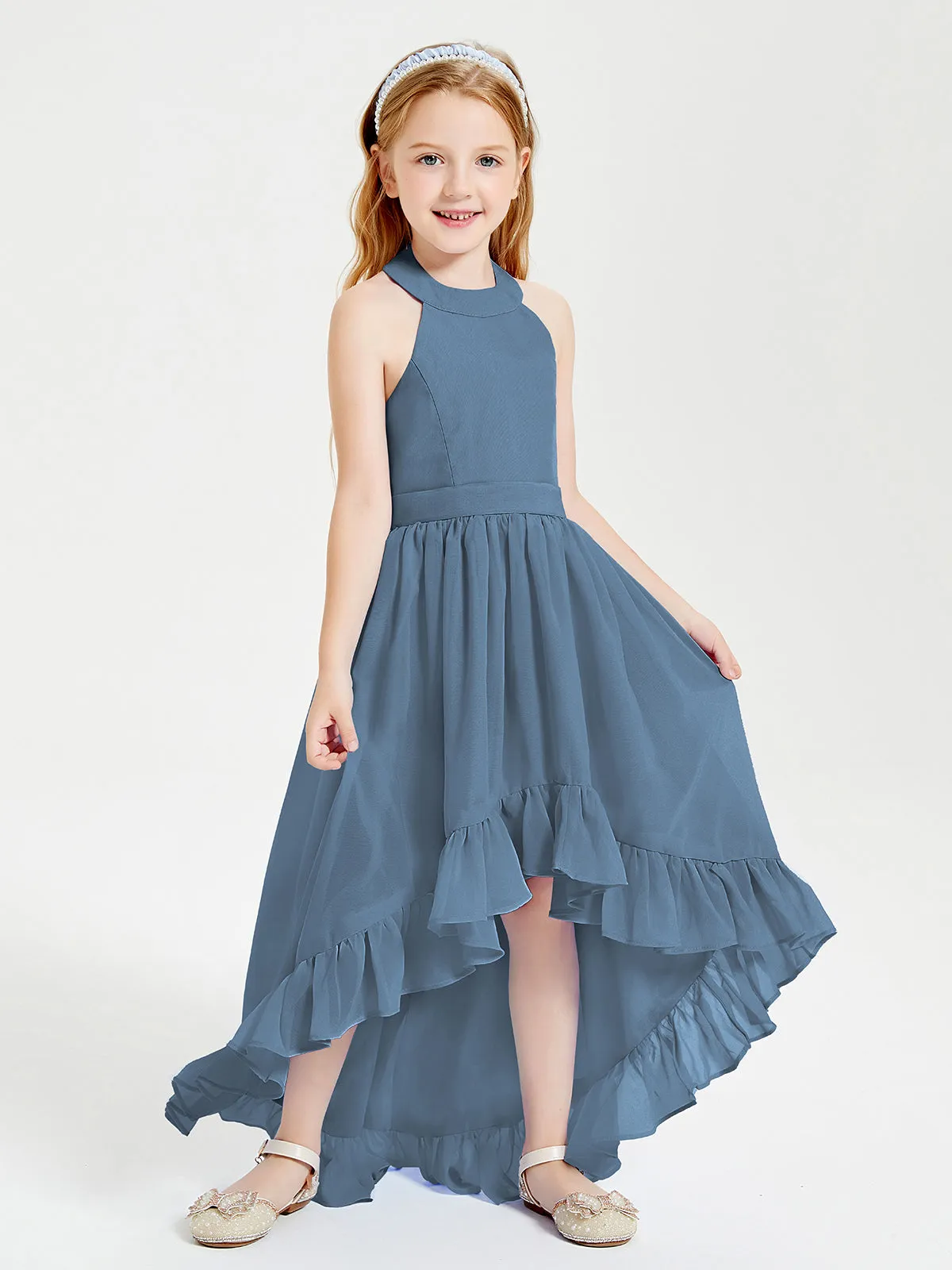 Boho Junior Bridesmaid Dresses Asymmetrical Cascading Skirt Slate Blue