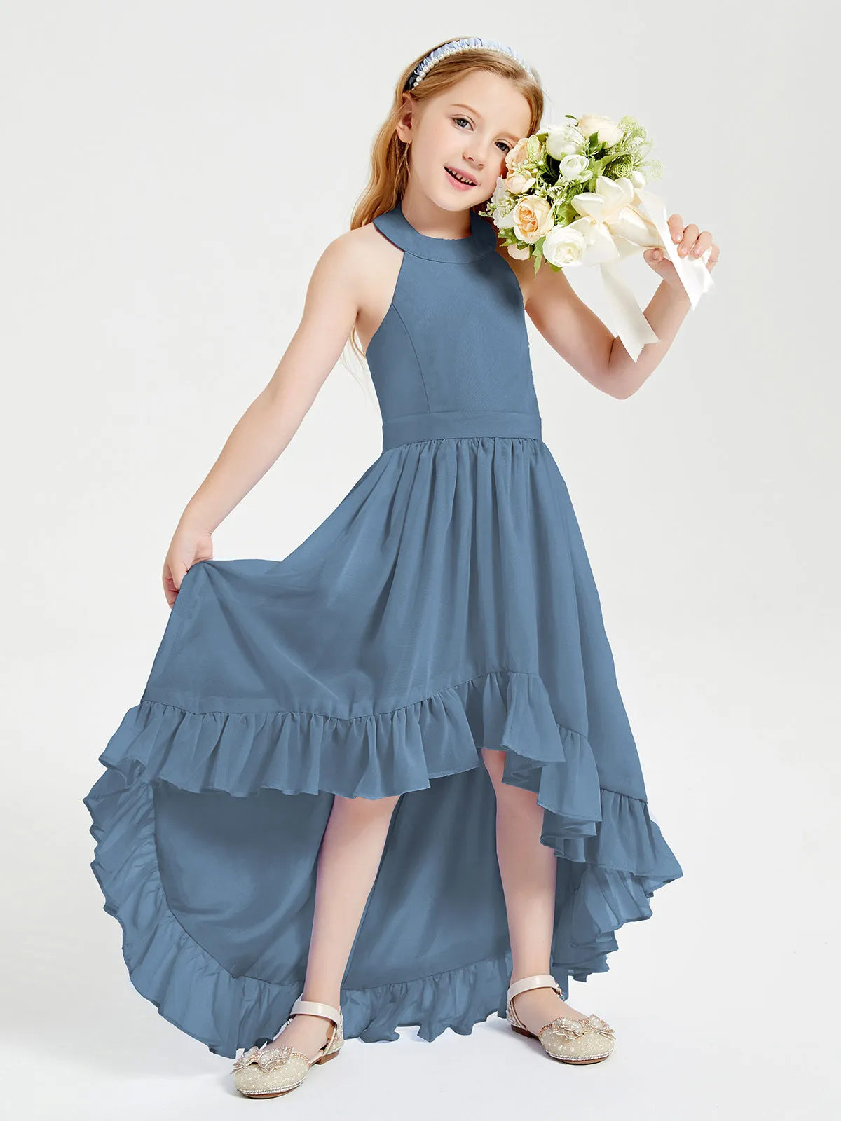 Boho Junior Bridesmaid Dresses Asymmetrical Cascading Skirt Slate Blue