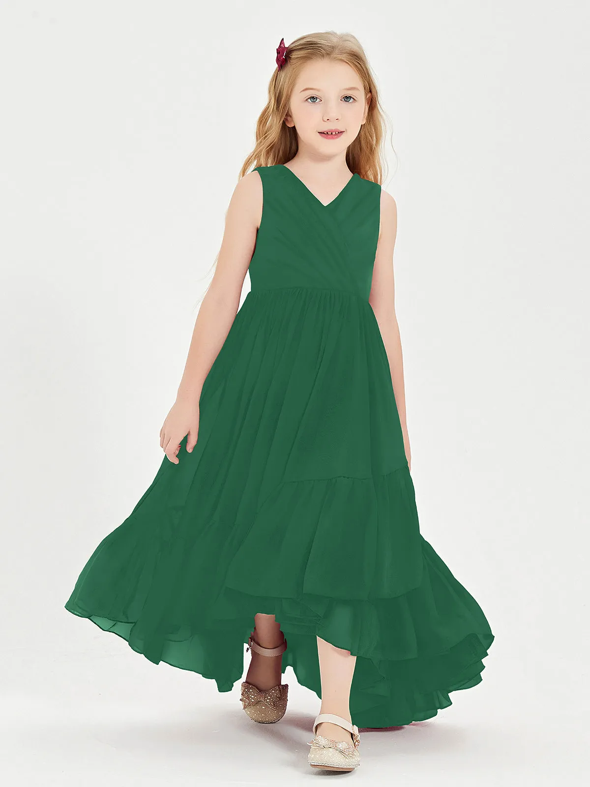 Boho Junior Bridesmaid Dresses Cascading Skirt Dark Green