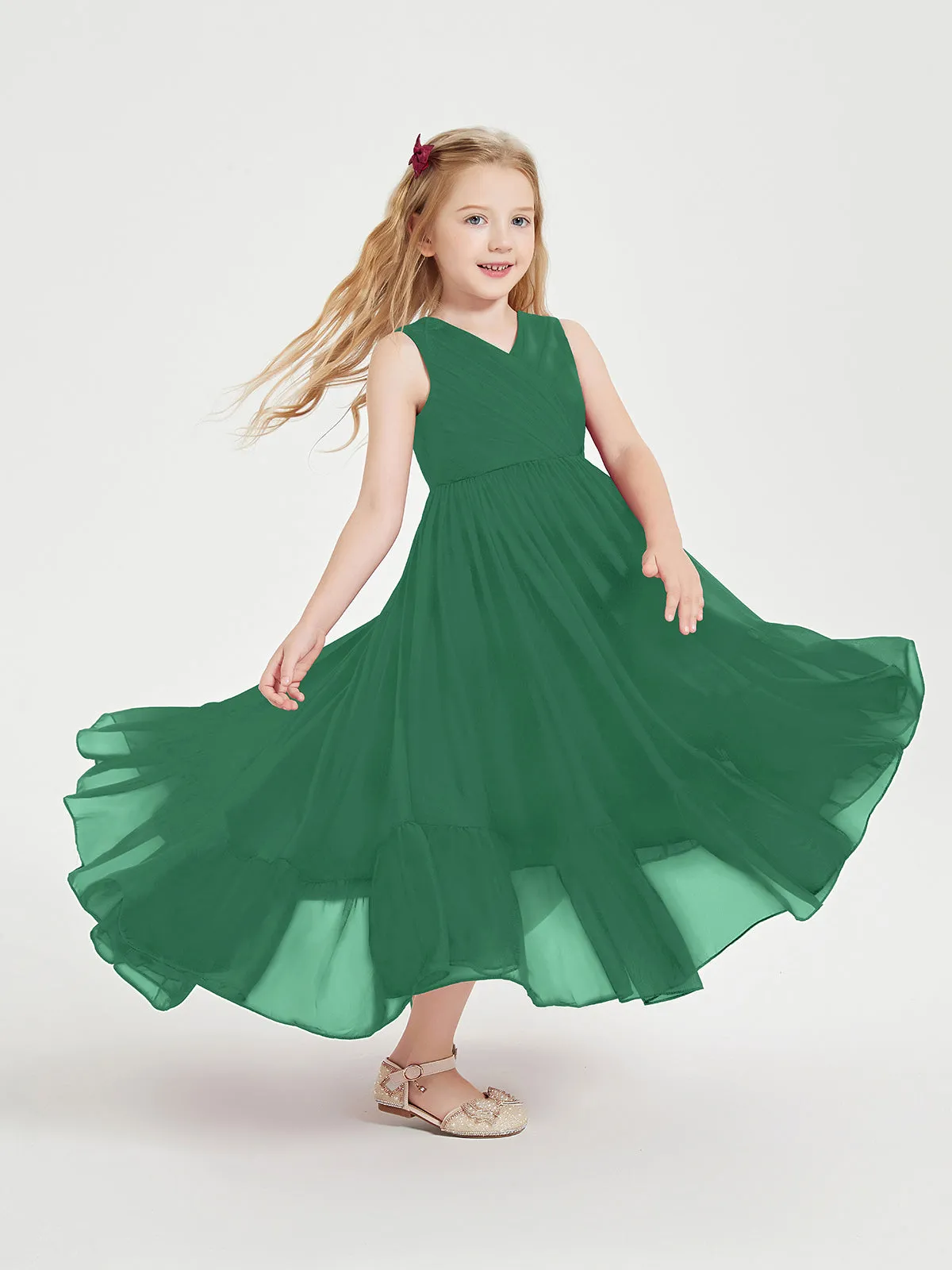 Boho Junior Bridesmaid Dresses Cascading Skirt Dark Green