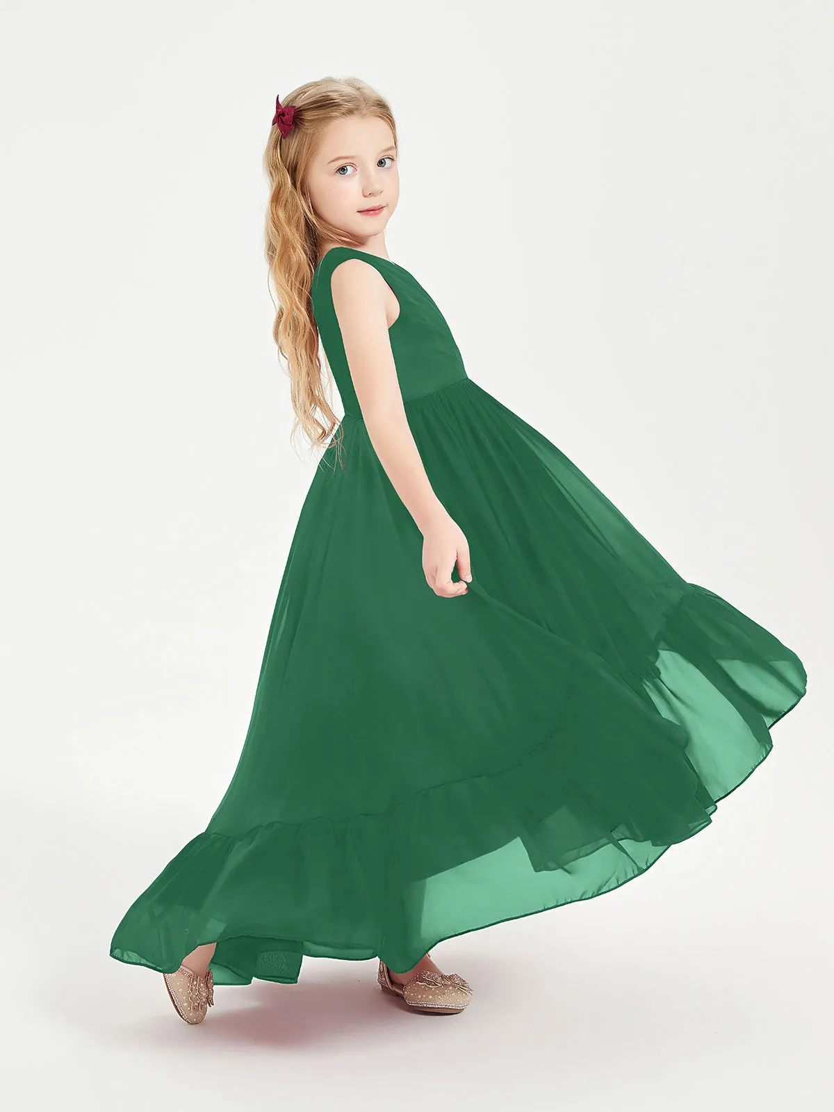 Boho Junior Bridesmaid Dresses Cascading Skirt Dark Green